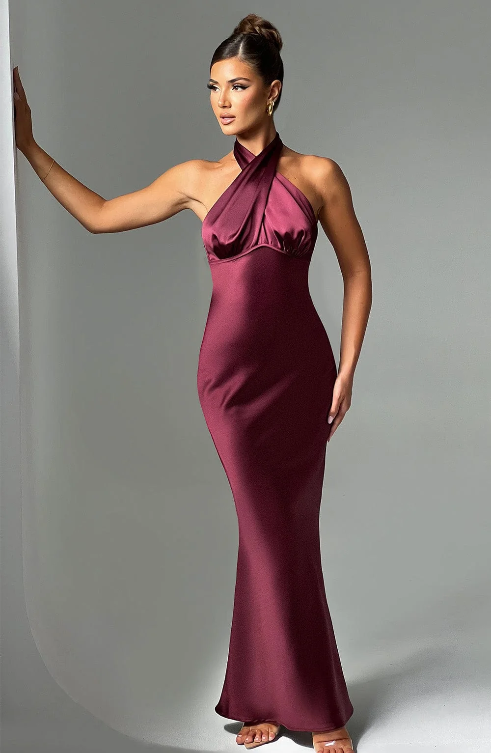 Burgundy Satin Fit and Flare Maxi Dress