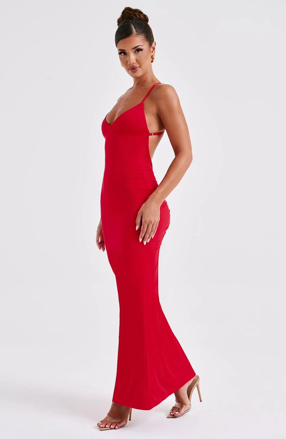 Red Maxi Dress with Flared Skirt Hem and Adjustable Straps