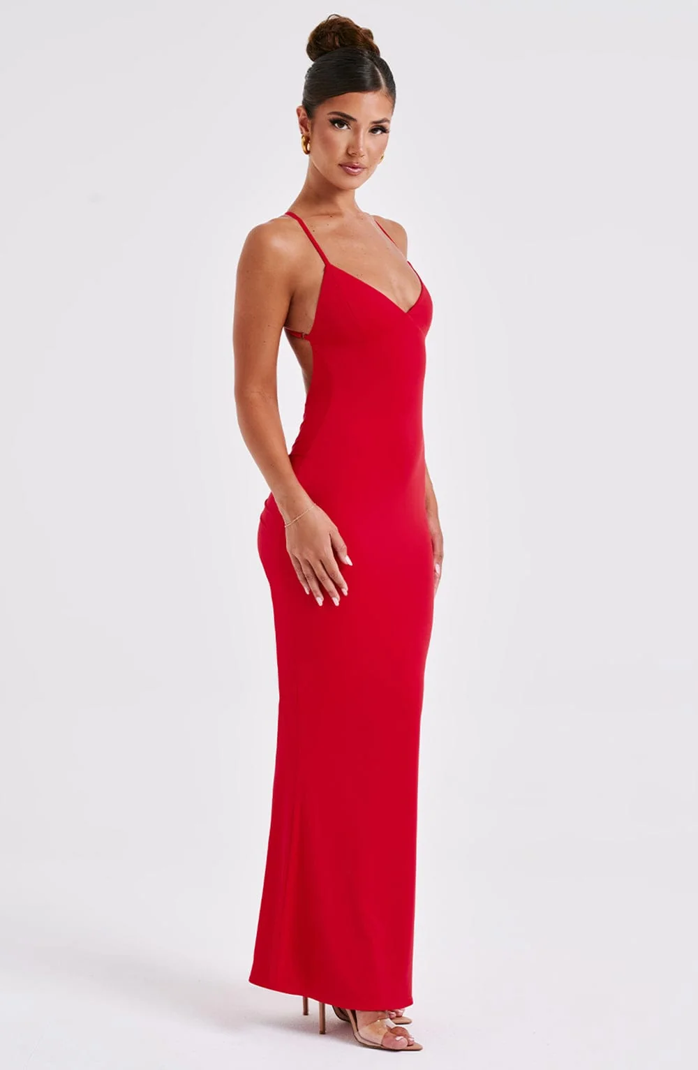 Red Maxi Dress with Flared Skirt Hem and Adjustable Straps