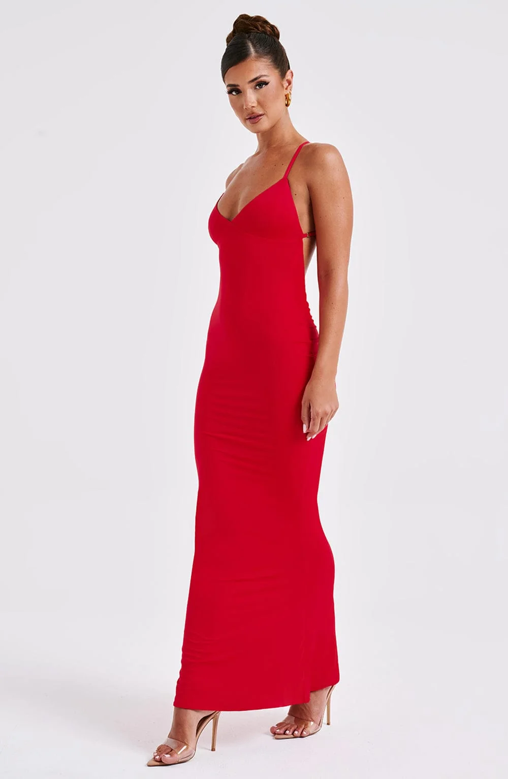 Red Maxi Dress with Flared Skirt Hem and Adjustable Straps