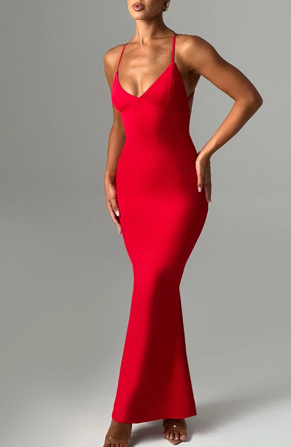 Red Maxi Dress with Flared Skirt Hem and Adjustable Straps