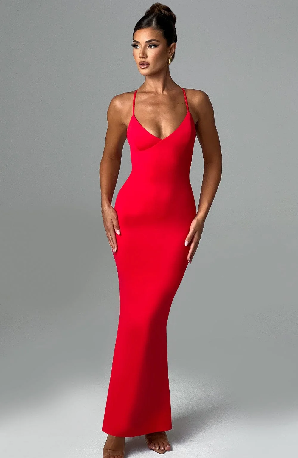 Red Maxi Dress with Flared Skirt Hem and Adjustable Straps