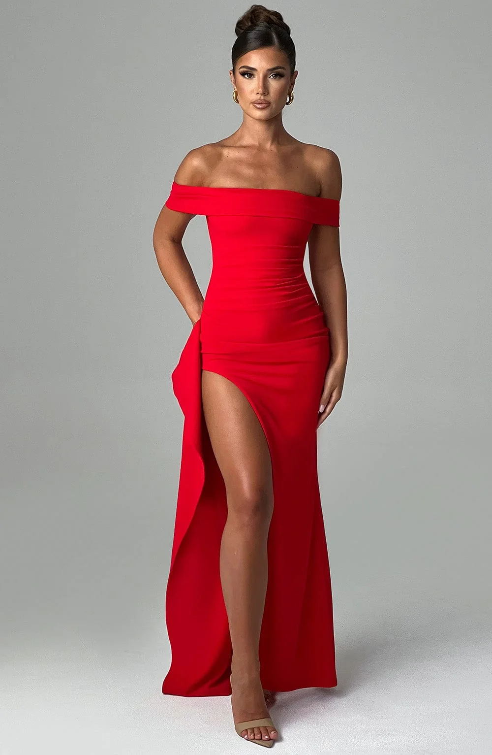 Red Crepe Maxi Dress with Pleated Bardot Neckline
