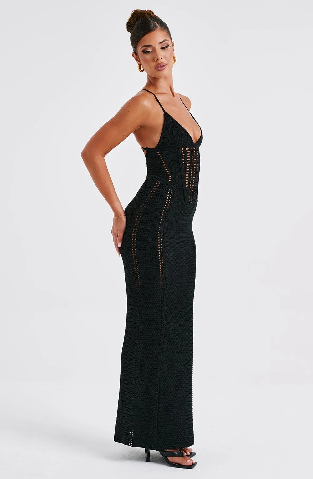 Black Crochet Maxi Dress with Boning for Snatched Fit