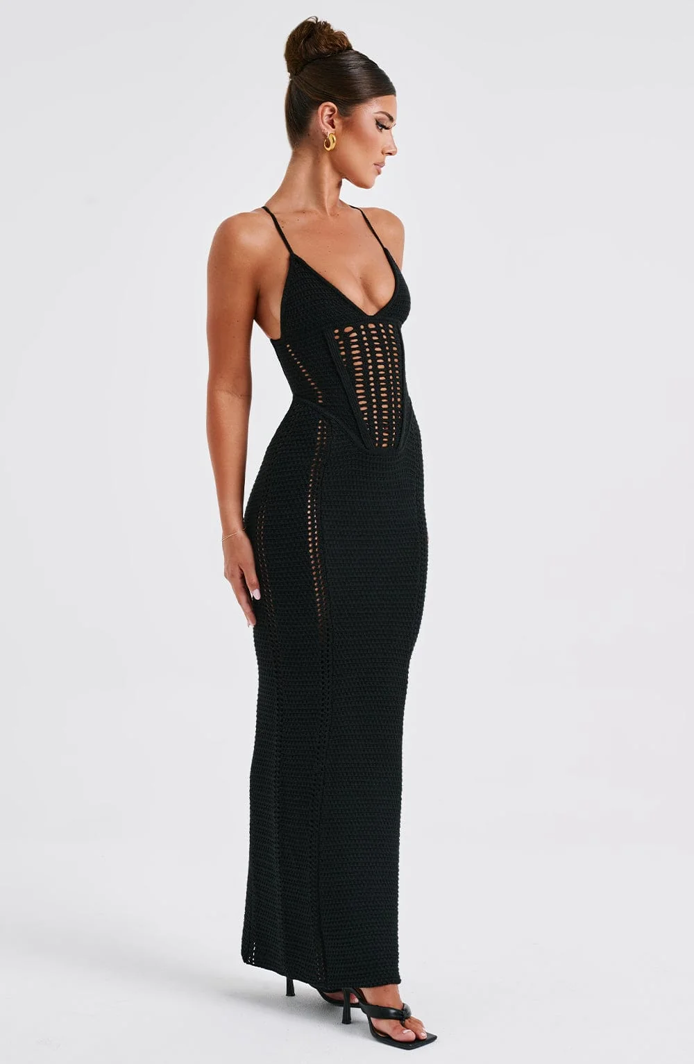 Black Crochet Maxi Dress with Boning for Snatched Fit