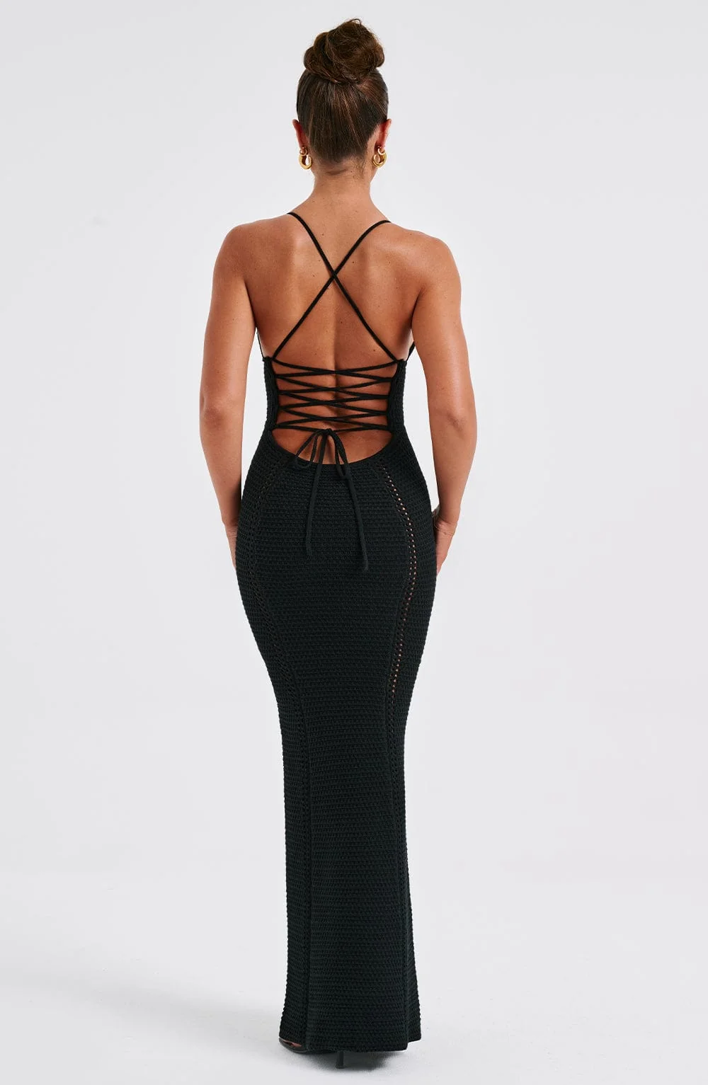 Black Crochet Maxi Dress with Boning for Snatched Fit