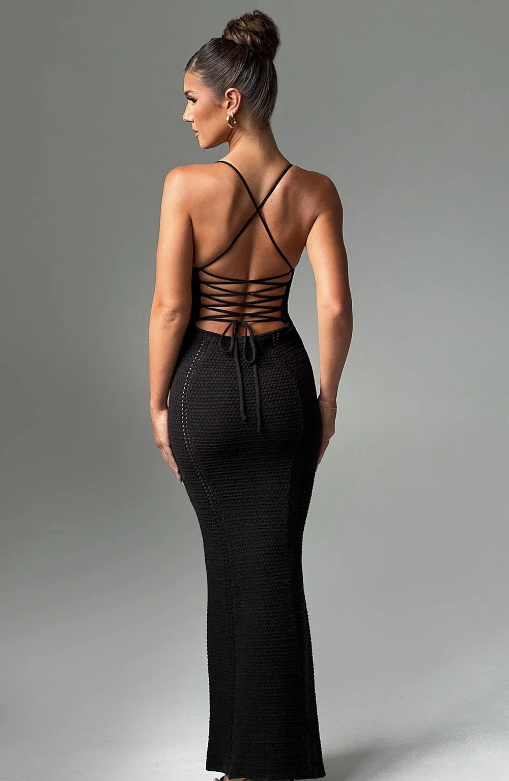 Black Crochet Maxi Dress with Boning for Snatched Fit