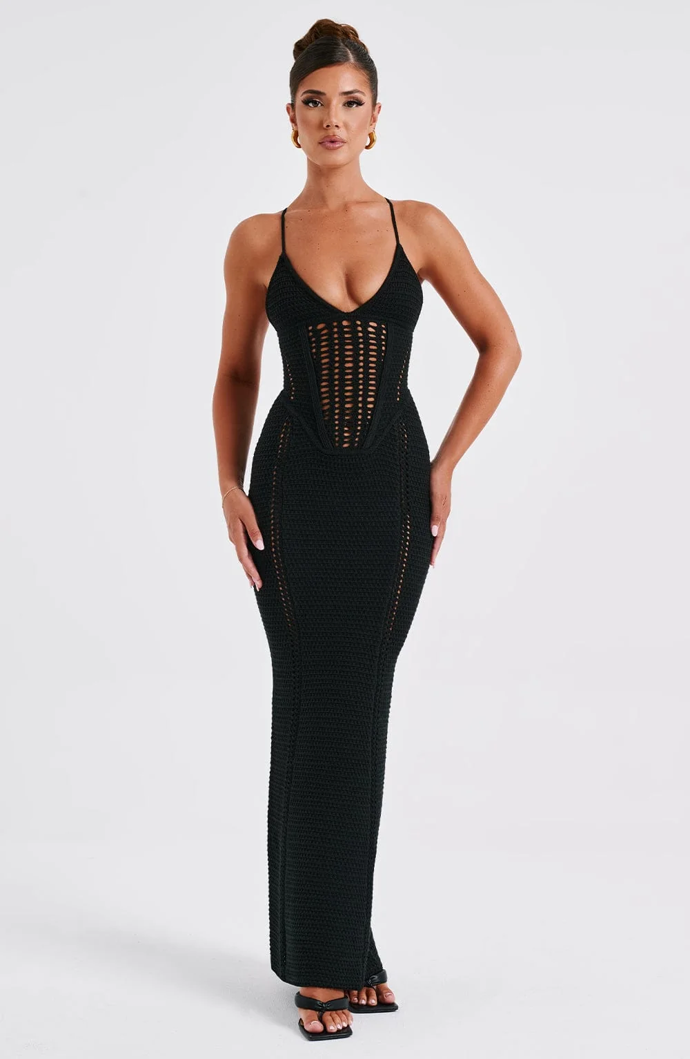 Black Crochet Maxi Dress with Boning for Snatched Fit