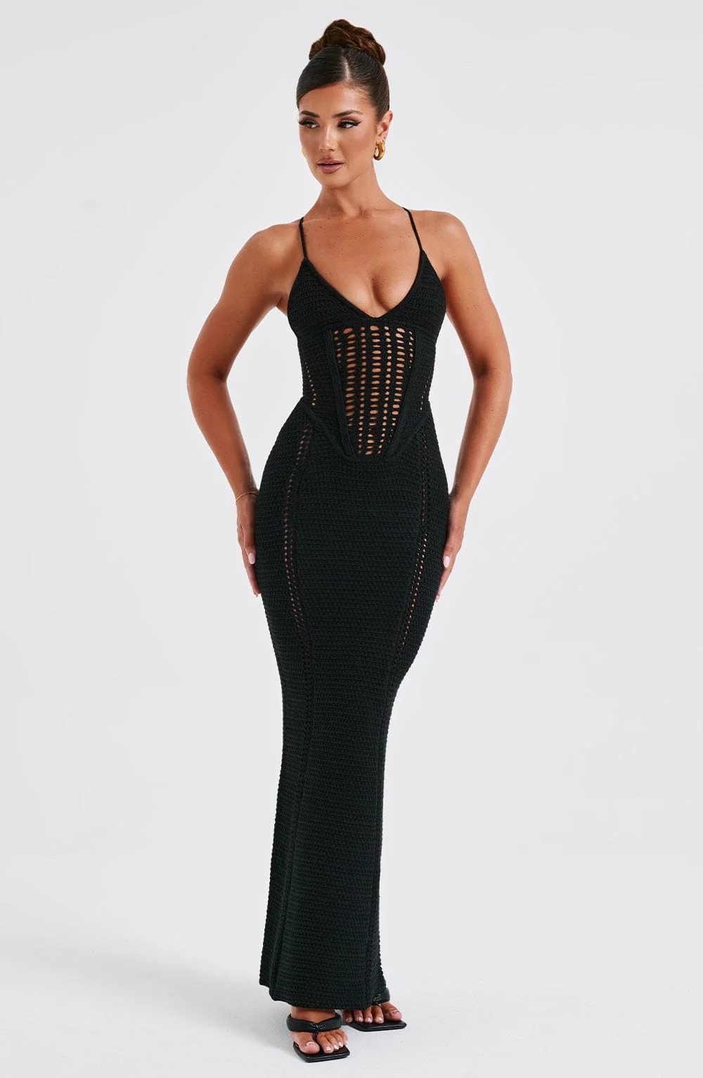 Black Crochet Maxi Dress with Boning for Snatched Fit