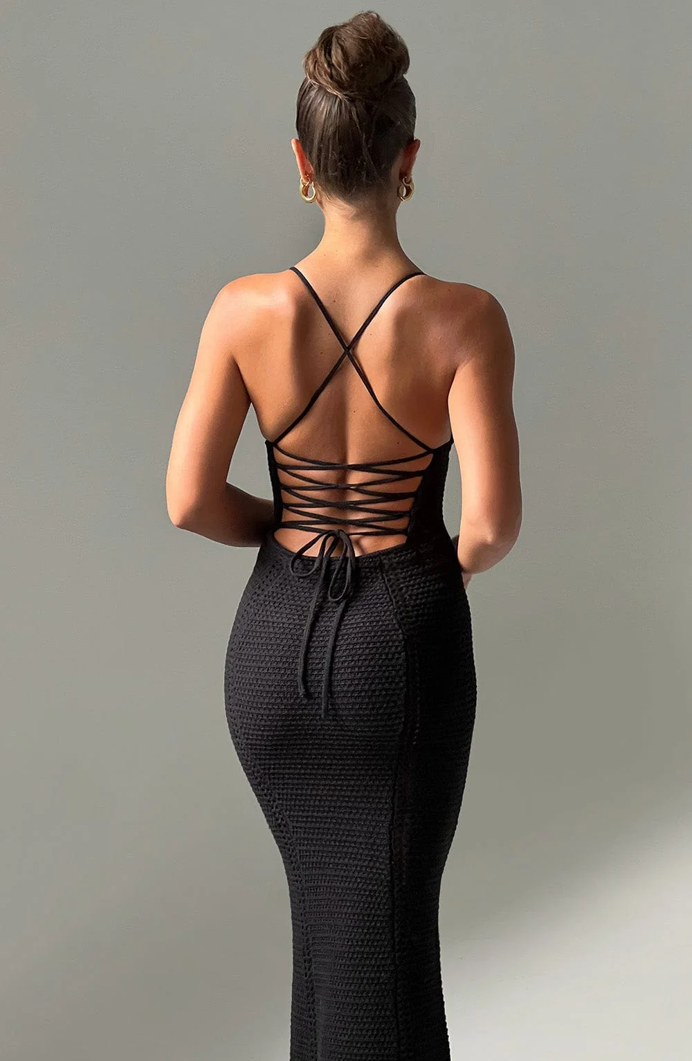 Black Crochet Maxi Dress with Boning for Snatched Fit