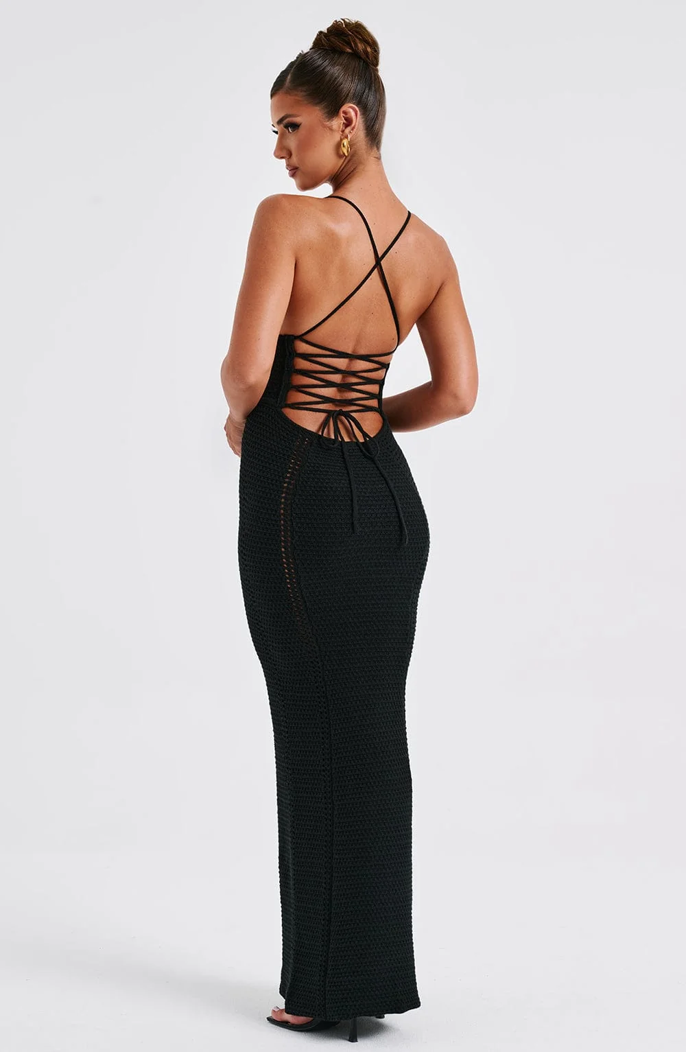 Black Crochet Maxi Dress with Boning for Snatched Fit
