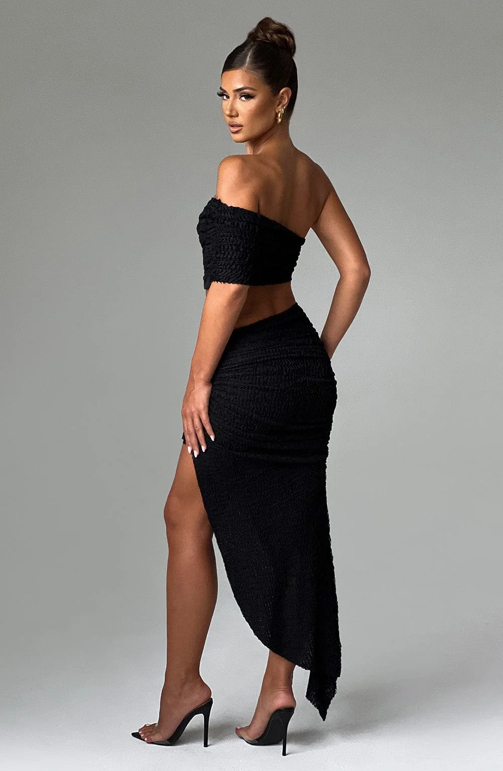 Black Textured Off-Shoulder Top - Womens Trendy Crop Style