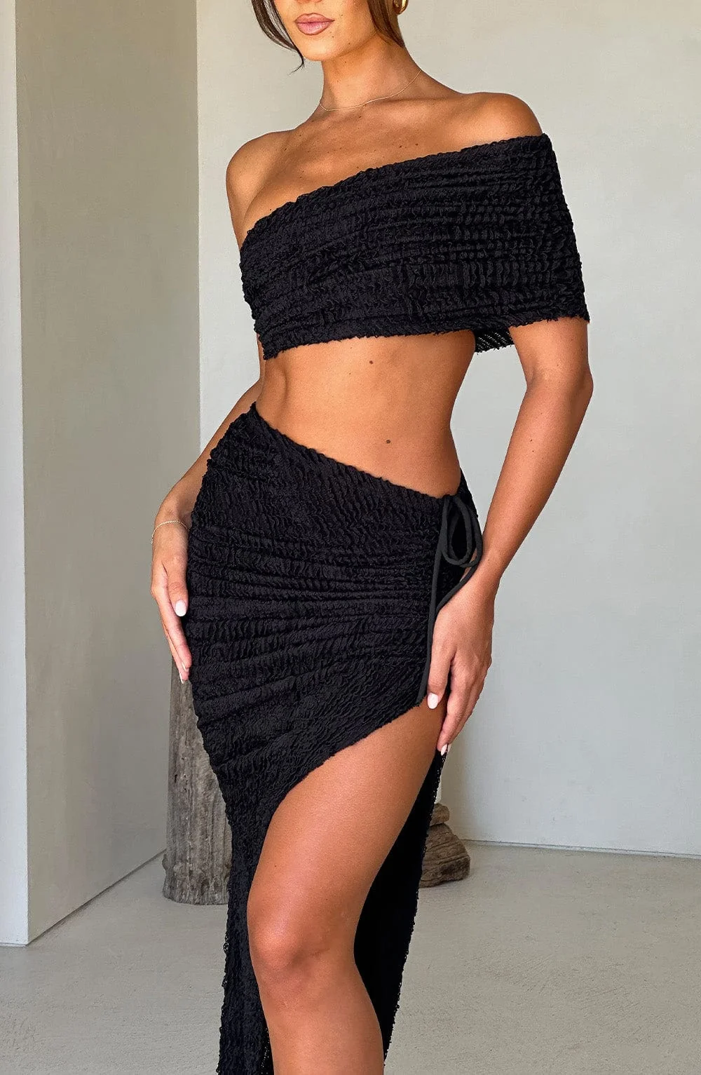 Black Textured Off-Shoulder Top - Womens Trendy Crop Style