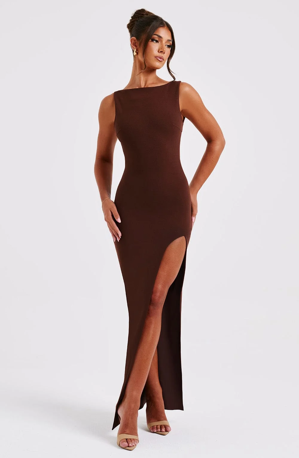 Chocolate Boat Neck Maxi Dress in Luxury Stretch Crepe