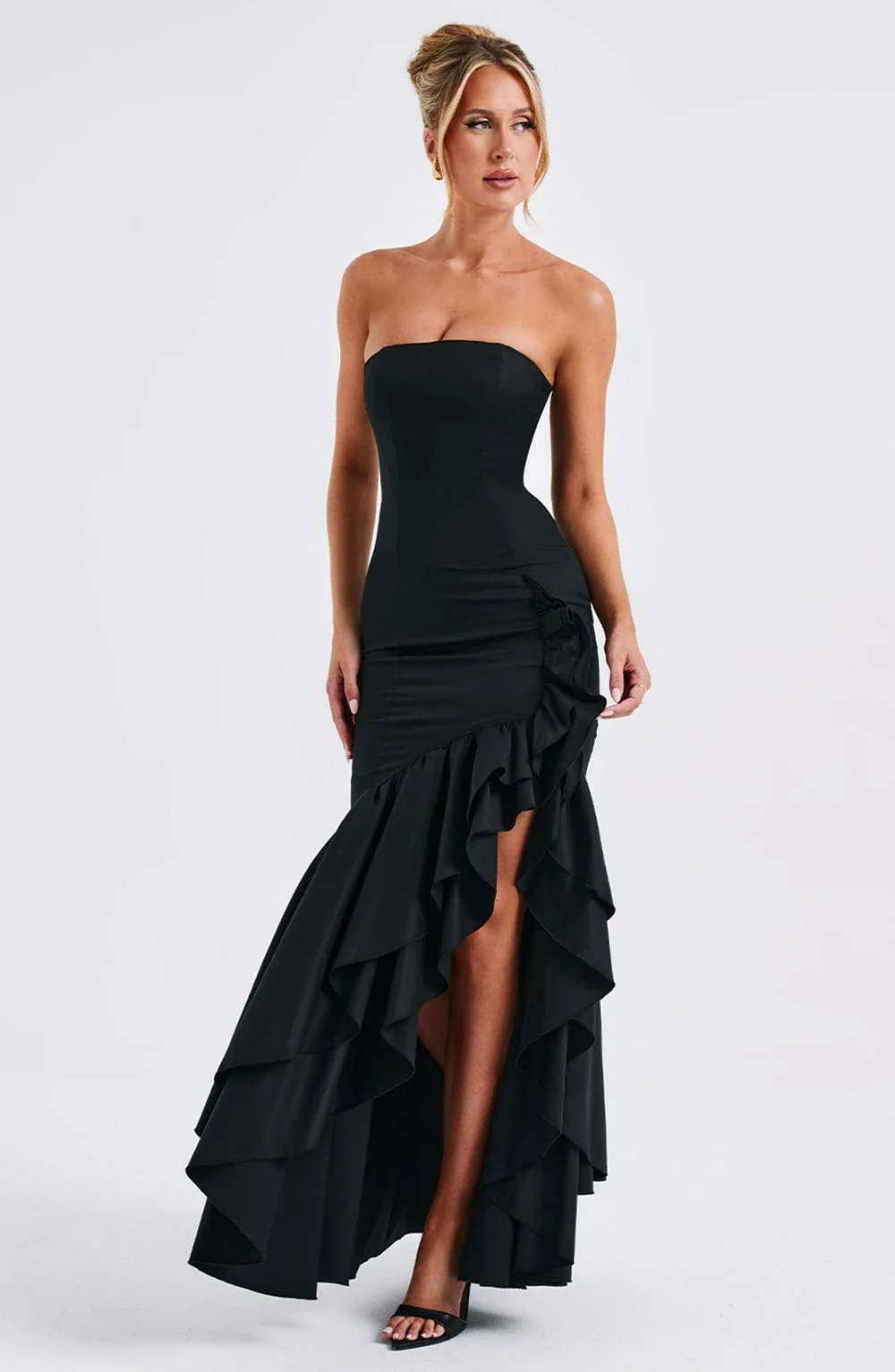 Black Strapless Maxi Dress with Frilled High Low Skirt