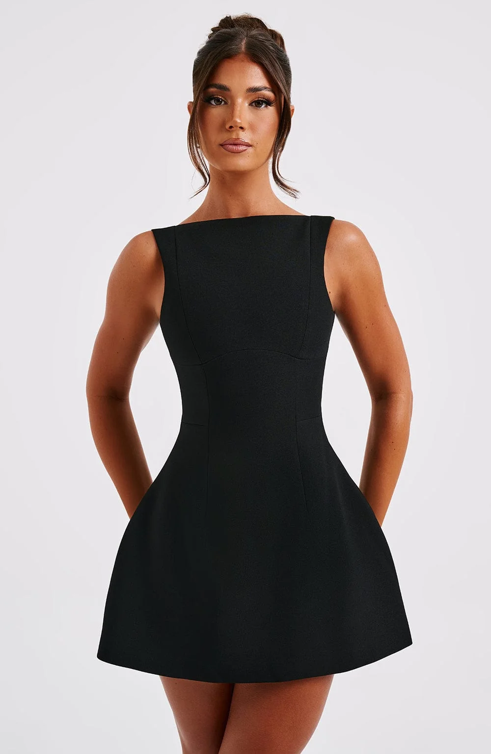 Black Mini Dress with High Neck and Bubble Shape Skirt