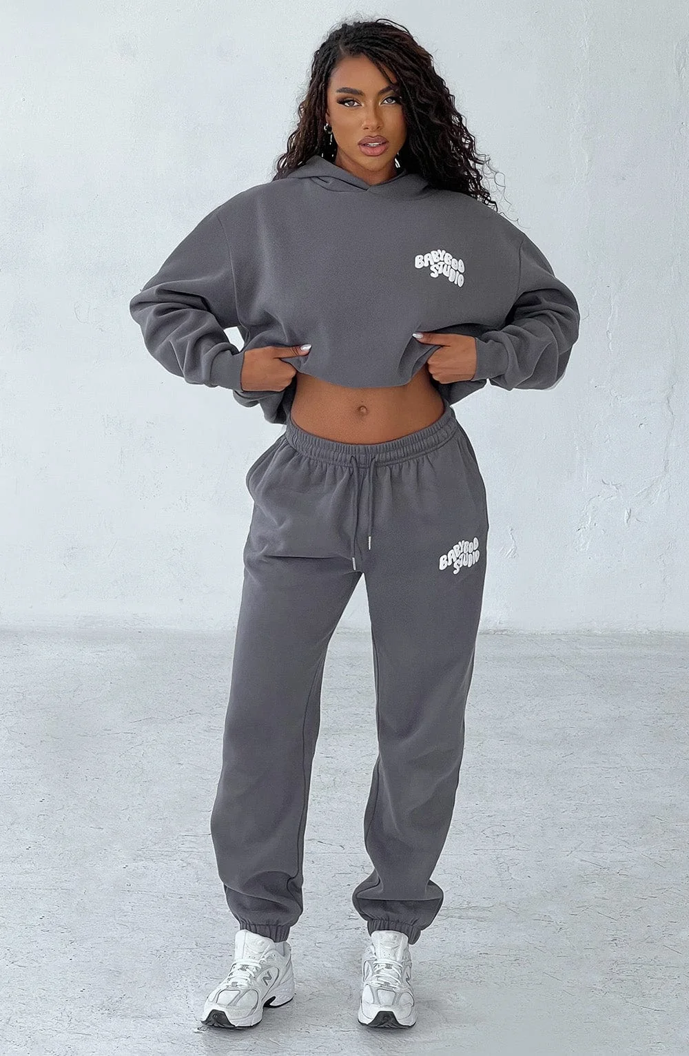 Charcoal/White Cotton Fleece Sweatpants for Women - Oversized Fit