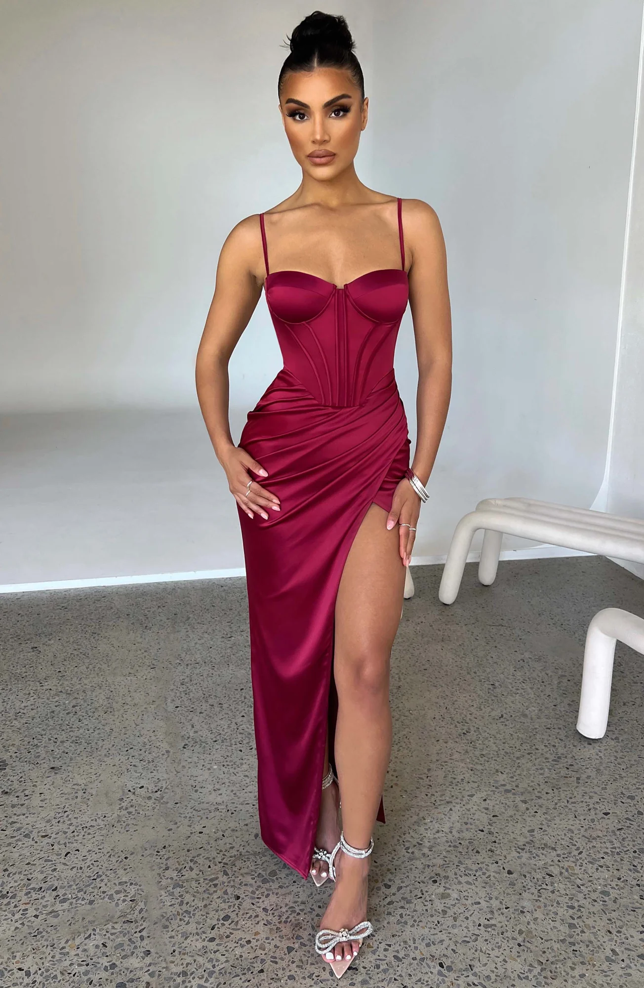 Opulent Wine Satin Corset Waist Maxi Dress