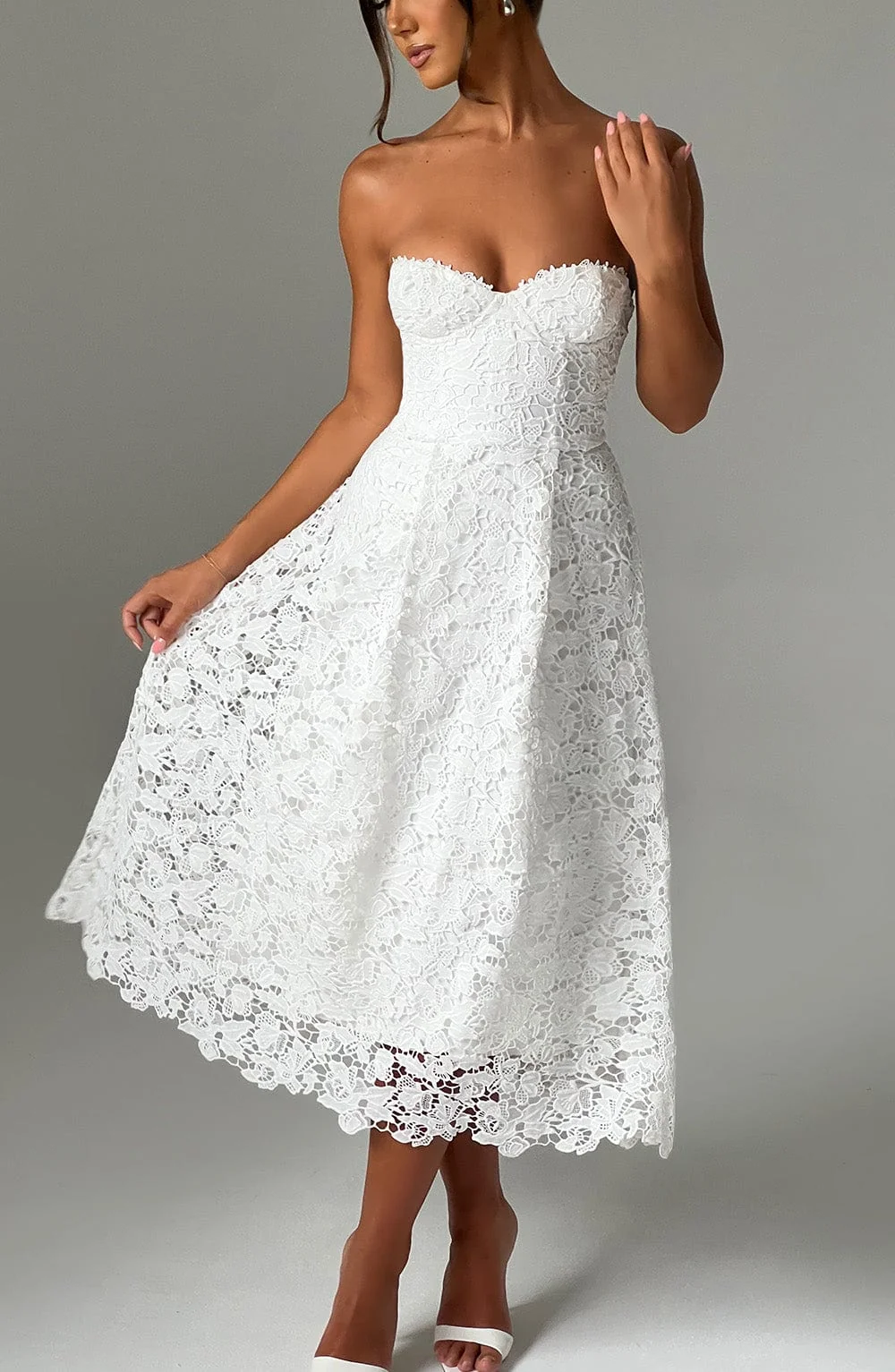 Delicate Lace Strapless Corset Midi Dress in Ivory