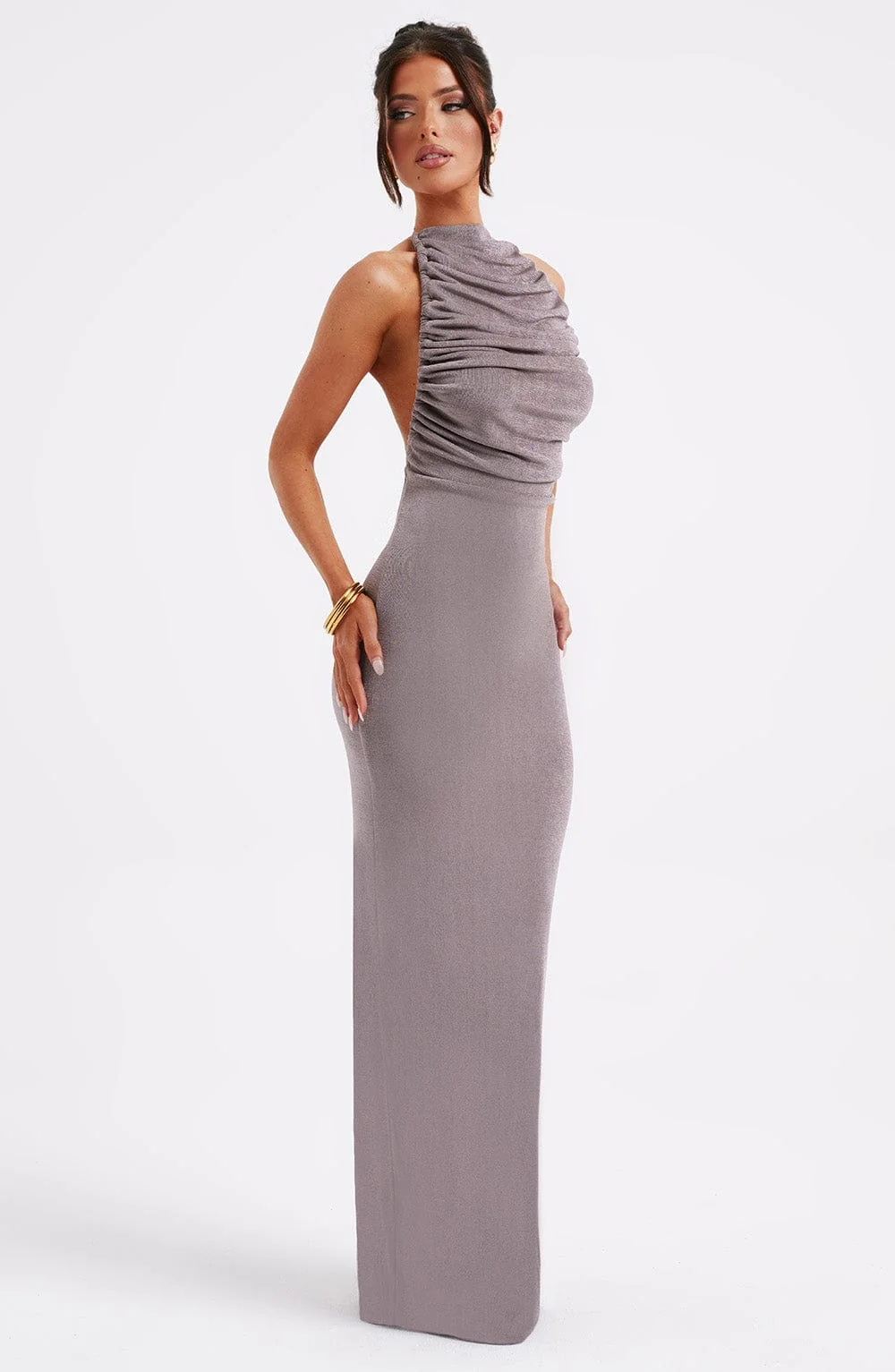 Charcoal High Neck Ruched Maxi Dress - Premium Double Layered Jersey
