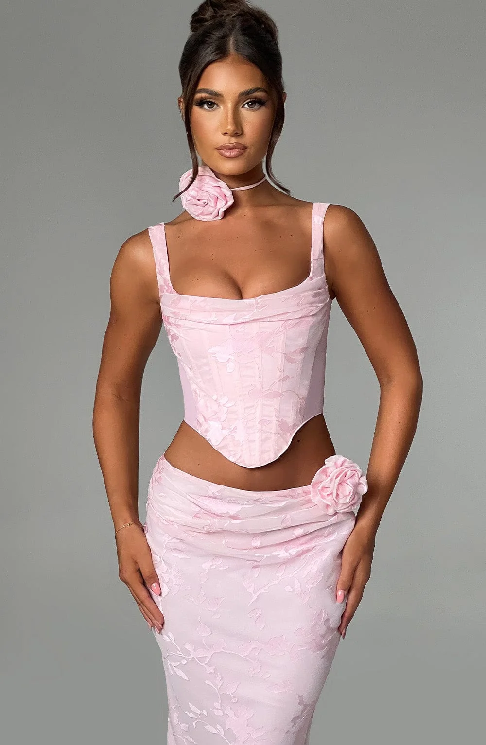Floral Chiffon Waist Cinching Corset Top - Blush