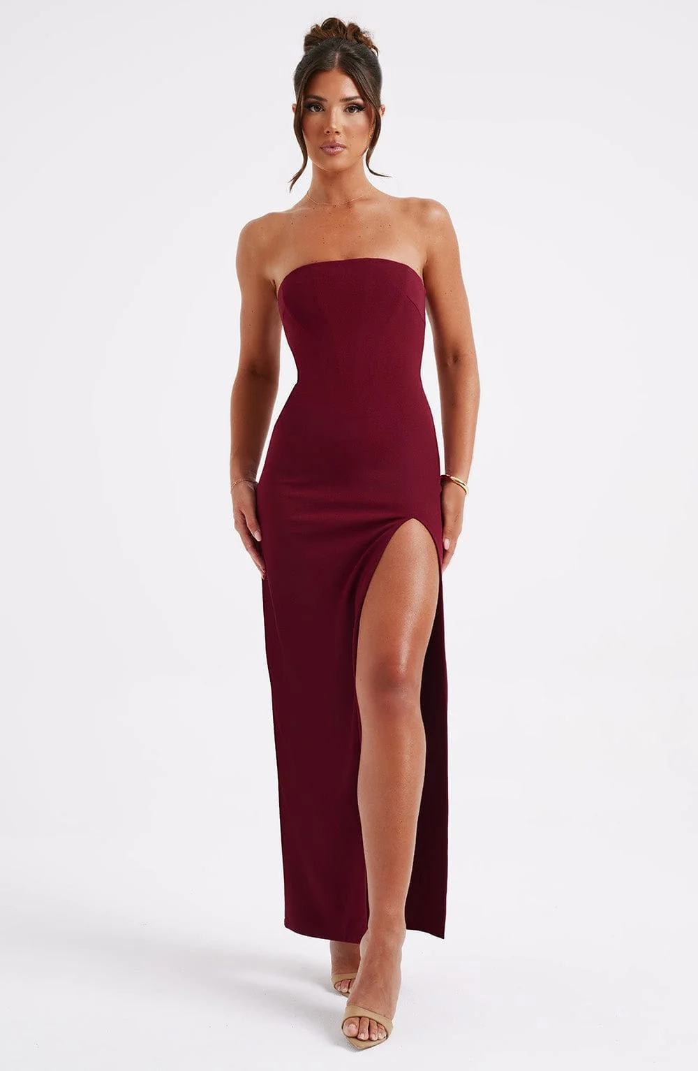 Burgundy Corset Maxi Dress in Premium Stretch Crepe Fabric