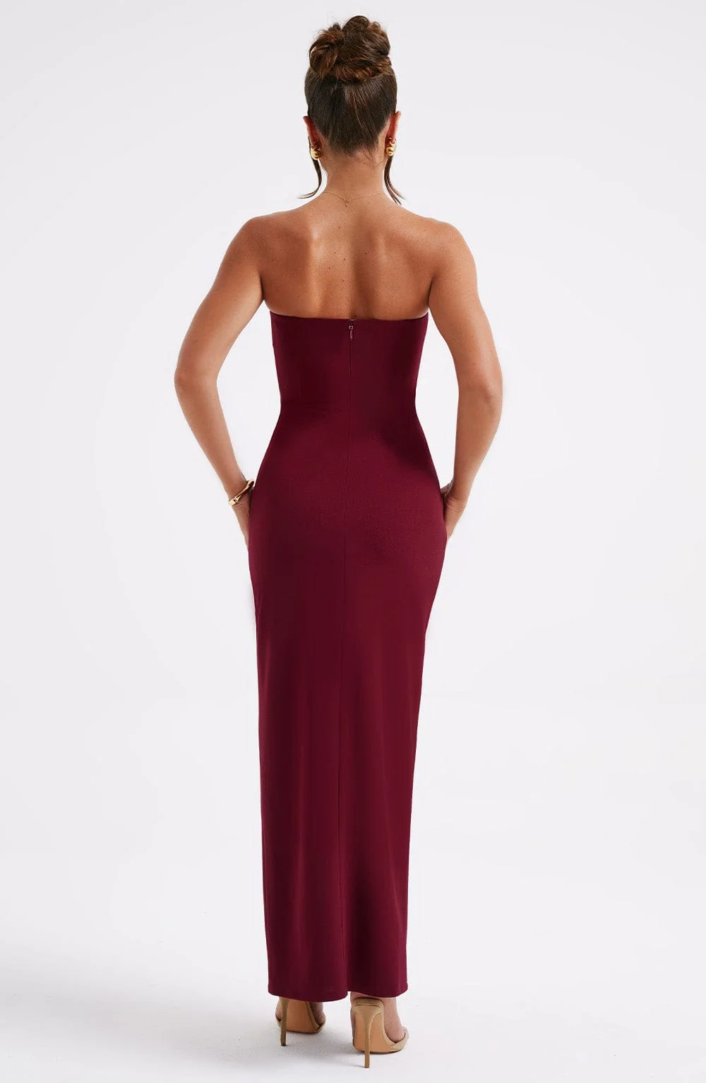 Burgundy Corset Maxi Dress in Premium Stretch Crepe Fabric