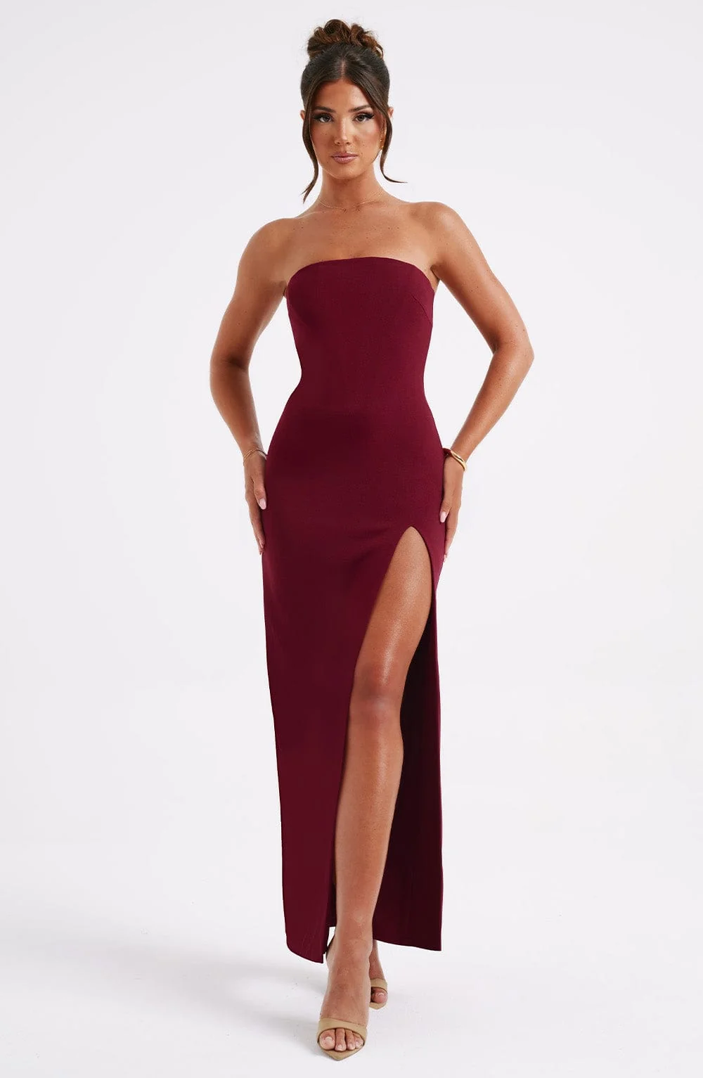 Burgundy Corset Maxi Dress in Premium Stretch Crepe Fabric