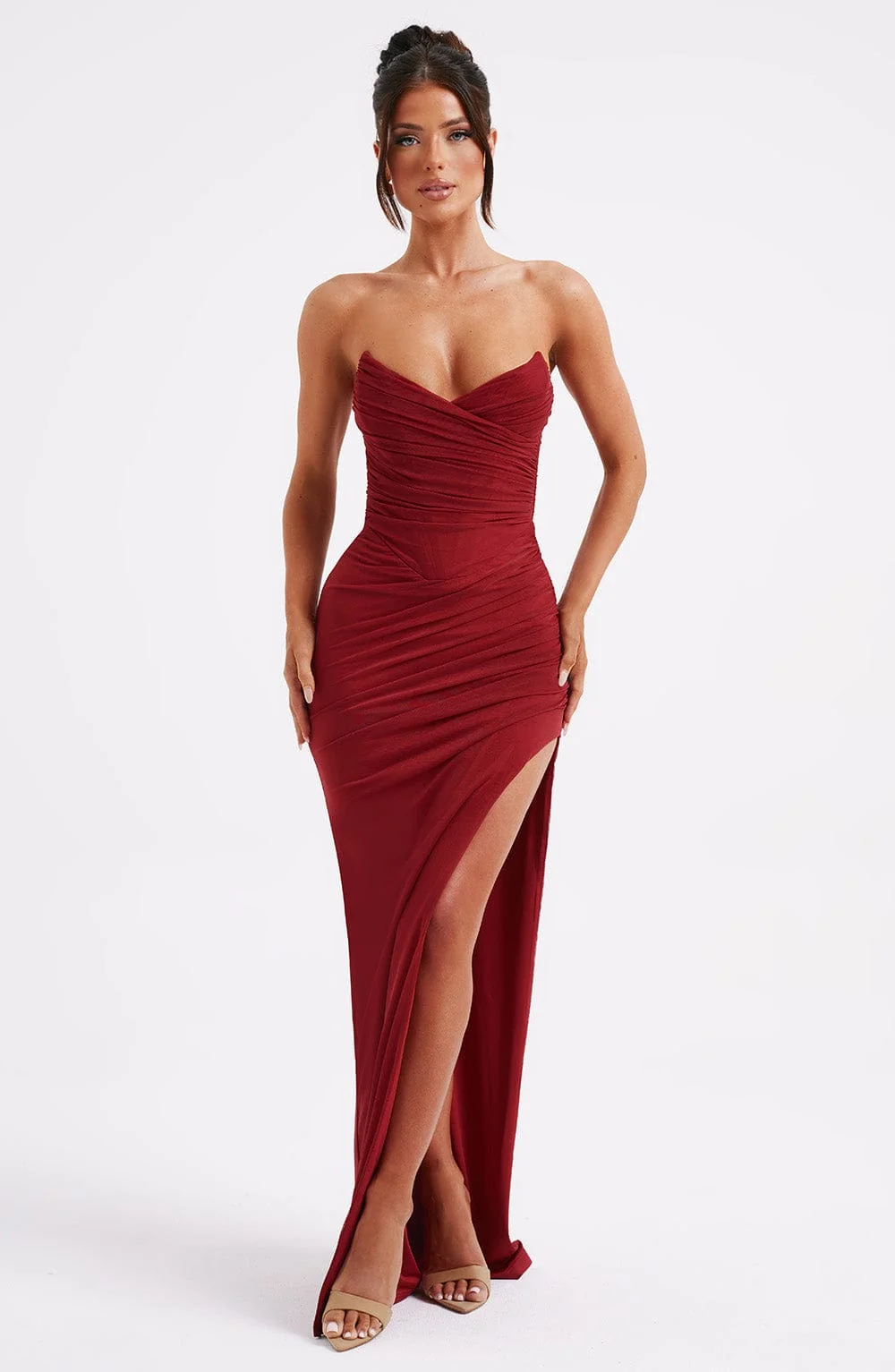 Wine Corset Style Maxi Dress - Premium Stretch Mesh