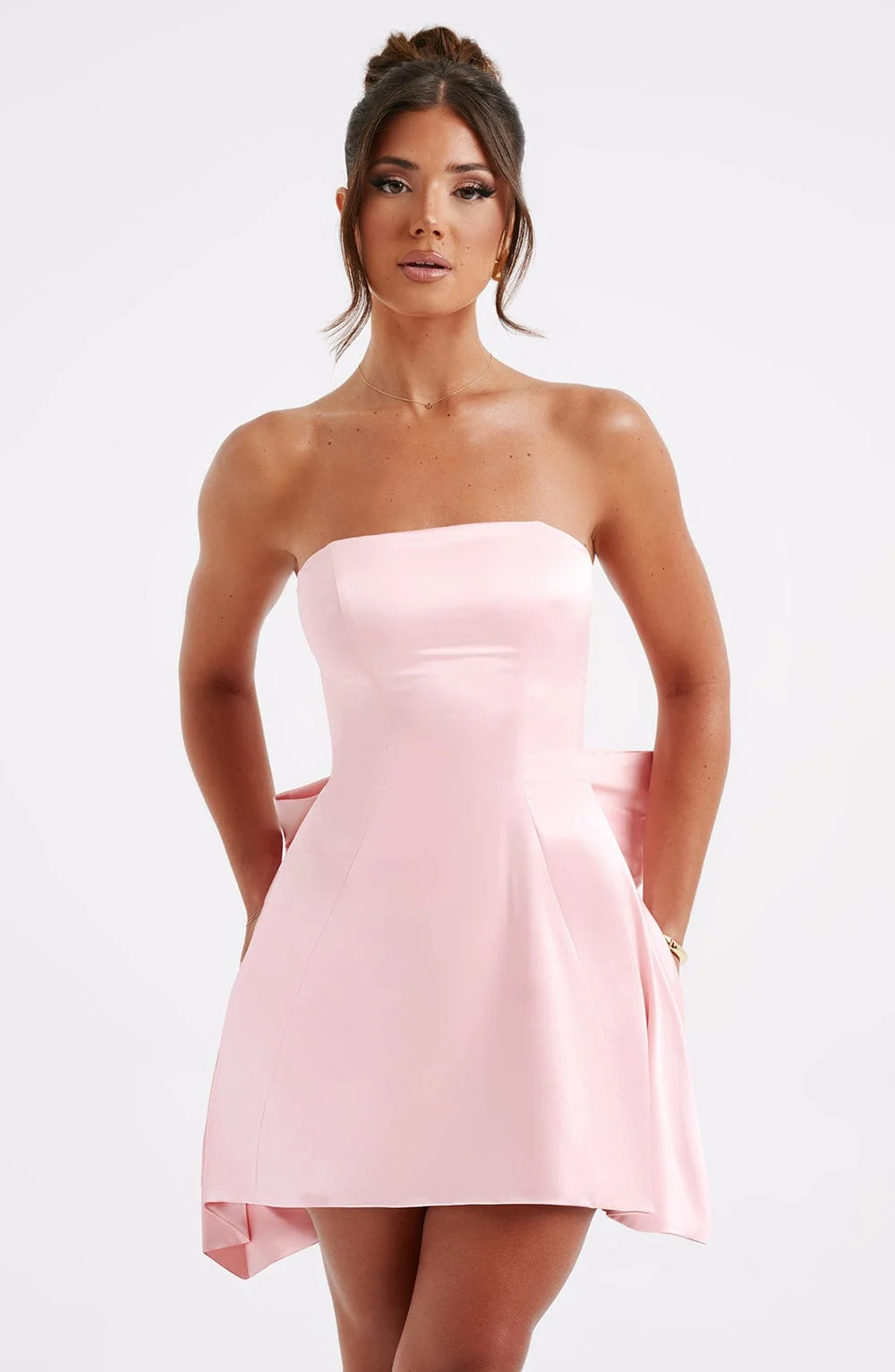 Blush Strapless Corset Mini Dress with Oversized Back Bow