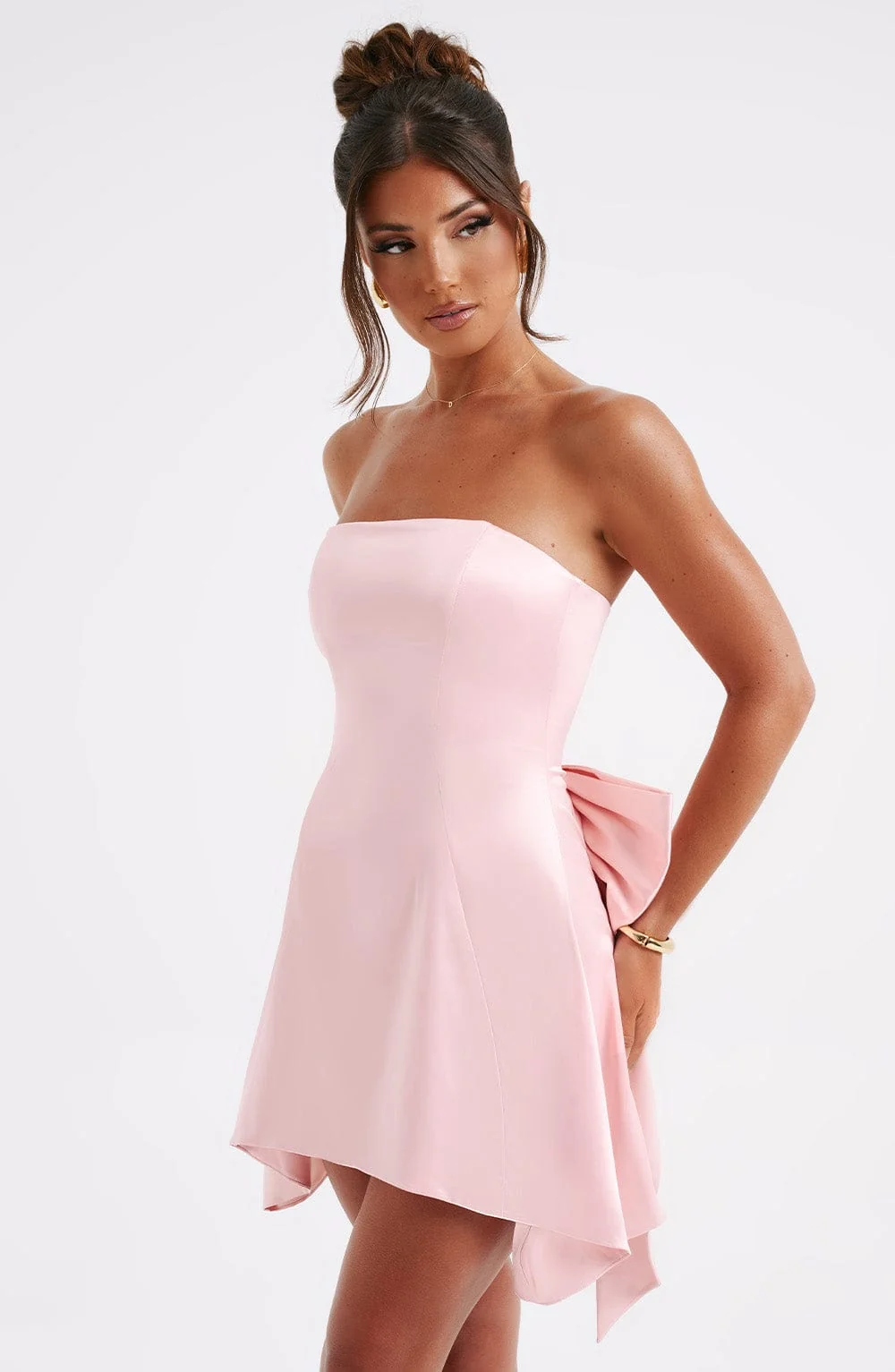 Blush Strapless Corset Mini Dress with Oversized Back Bow