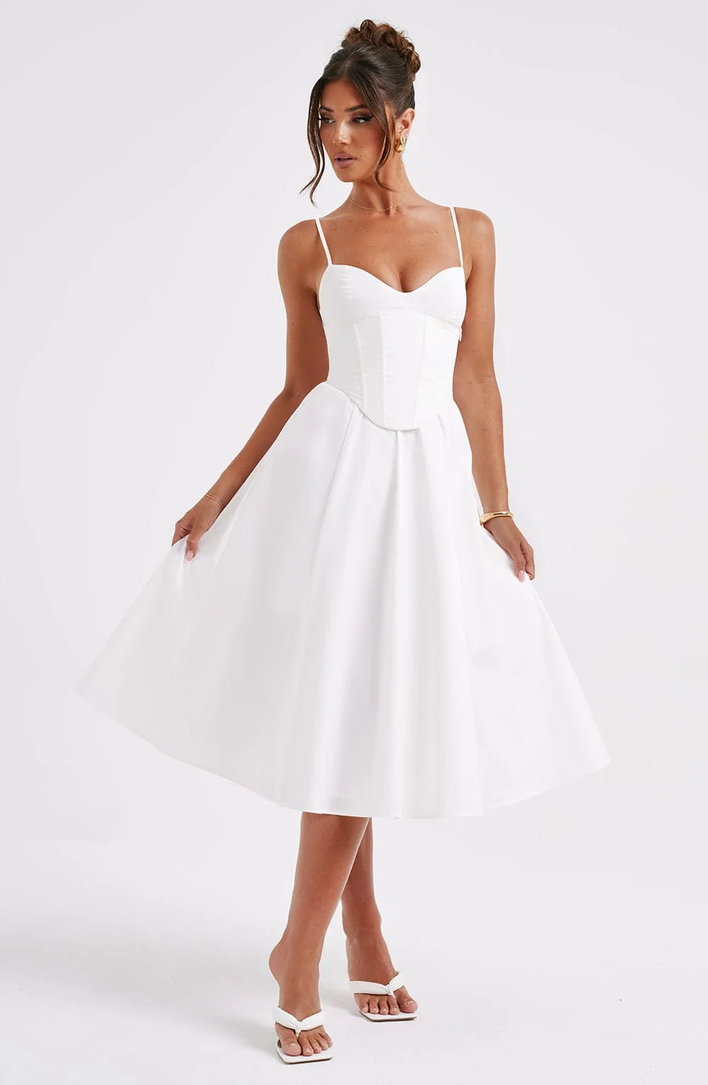 Structured Ivory Corseted Midi Dress - Feminine & Chic Style