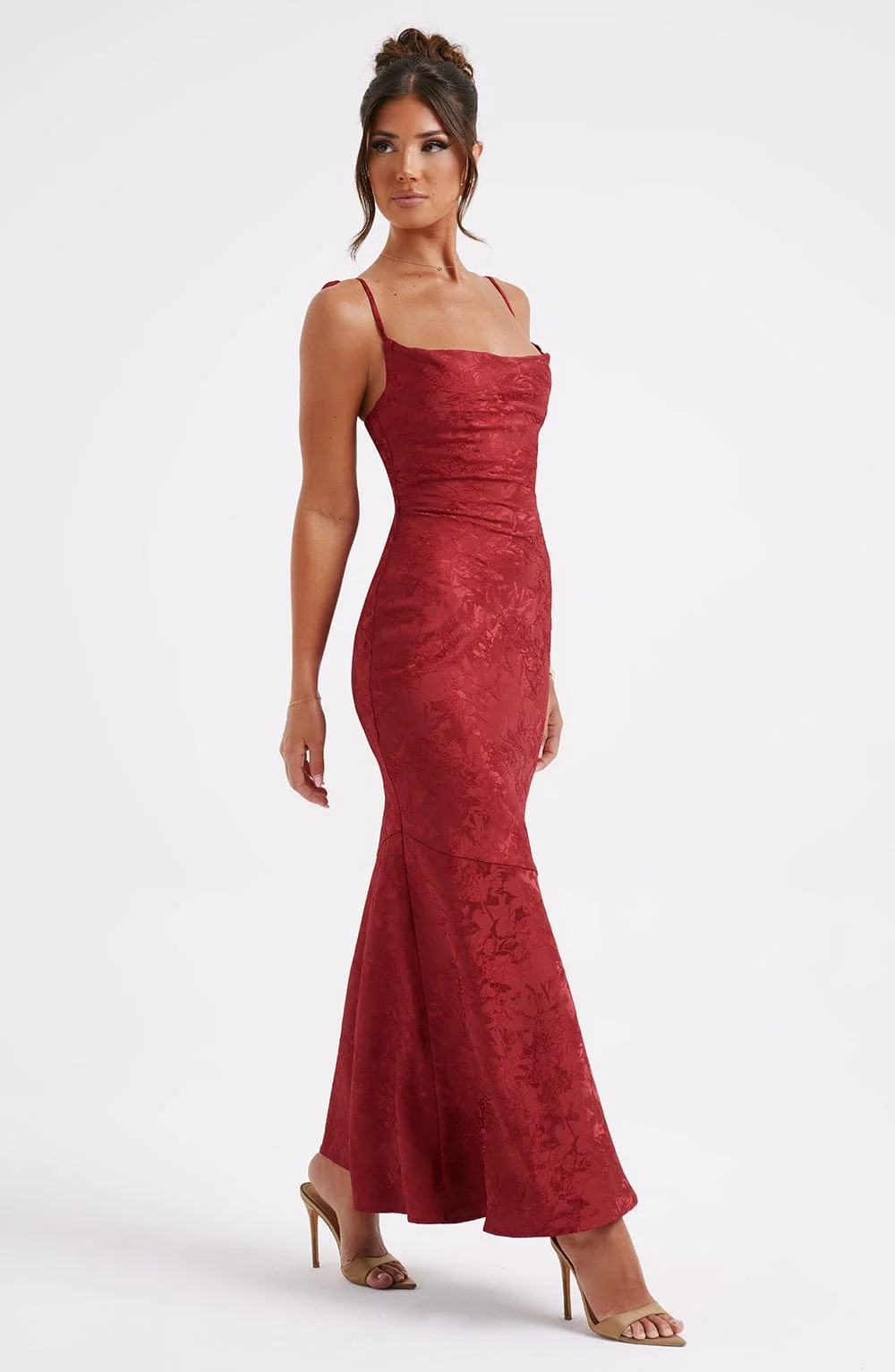 Romantic Red Floral Jacquard Maxi Dress with Cowl Neck