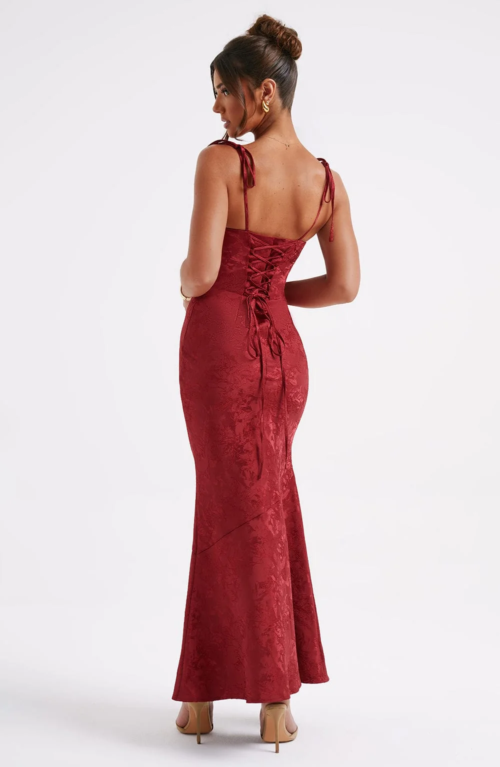 Romantic Red Floral Jacquard Maxi Dress with Cowl Neck