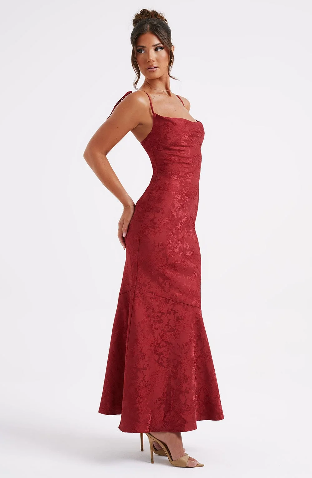 Romantic Red Floral Jacquard Maxi Dress with Cowl Neck