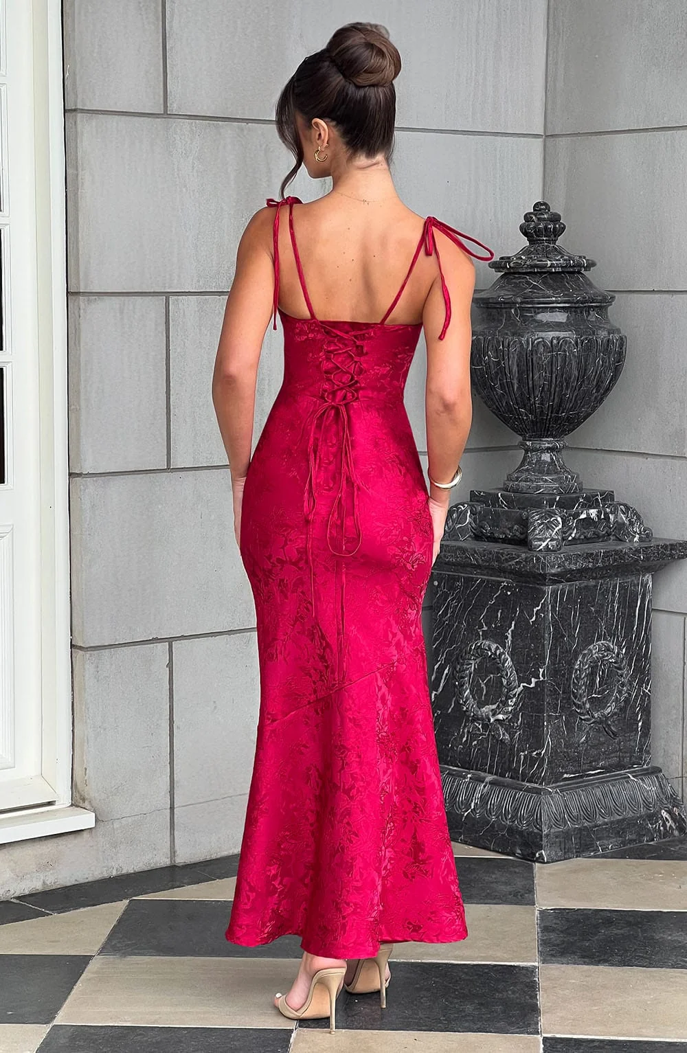 Romantic Red Floral Jacquard Maxi Dress with Cowl Neck