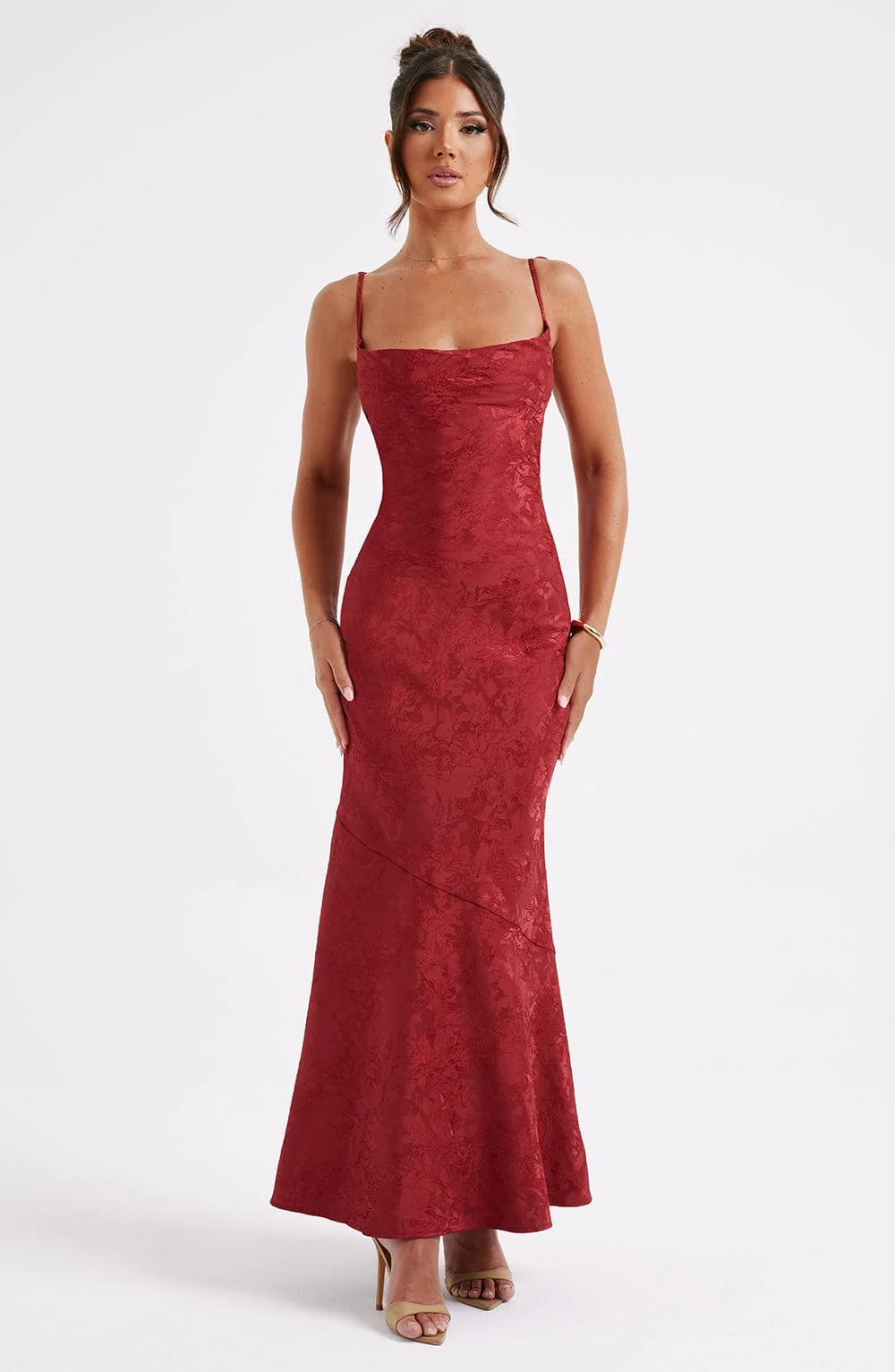 Romantic Red Floral Jacquard Maxi Dress with Cowl Neck