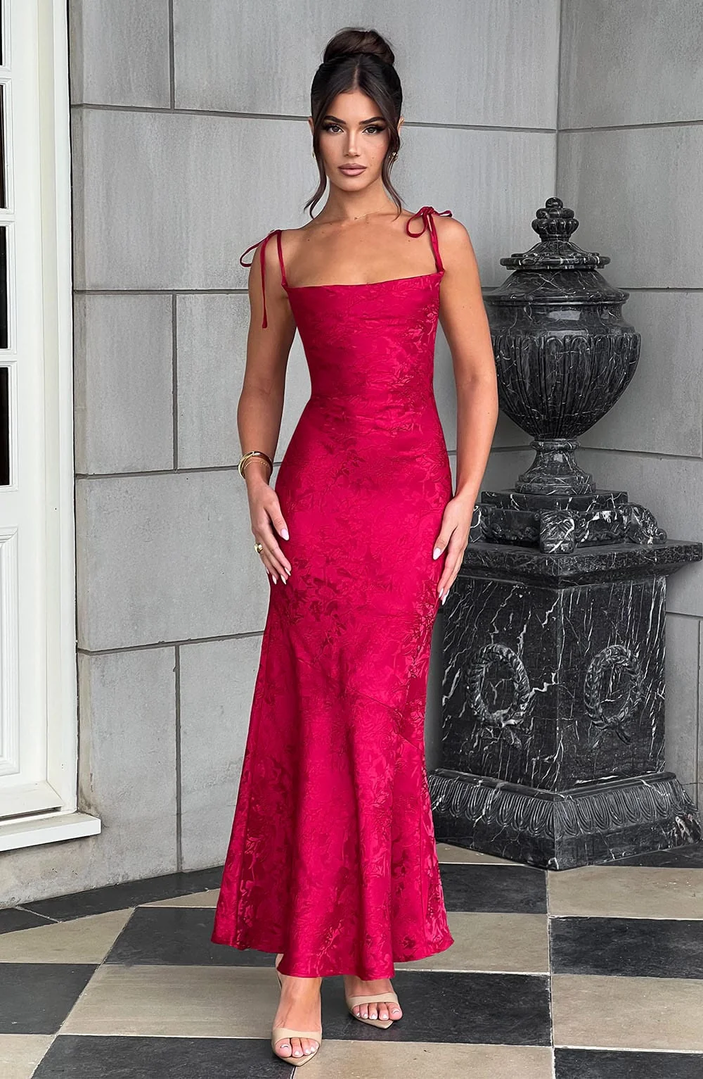 Romantic Red Floral Jacquard Maxi Dress with Cowl Neck