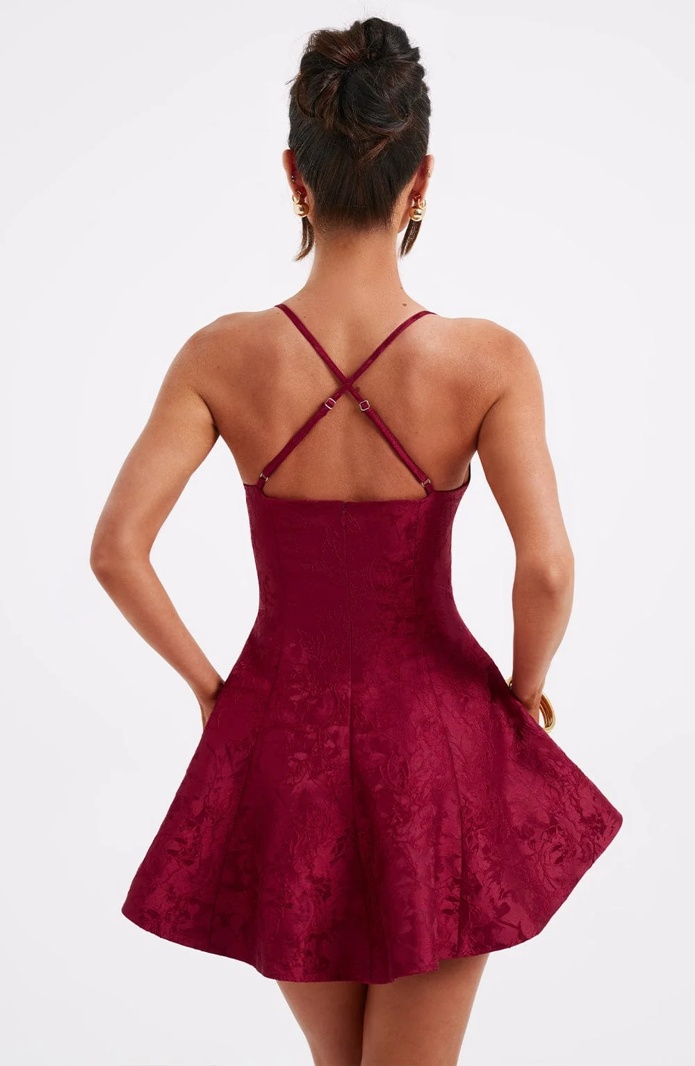 Red Floral Jacquard Waist-Cinching Playsuit