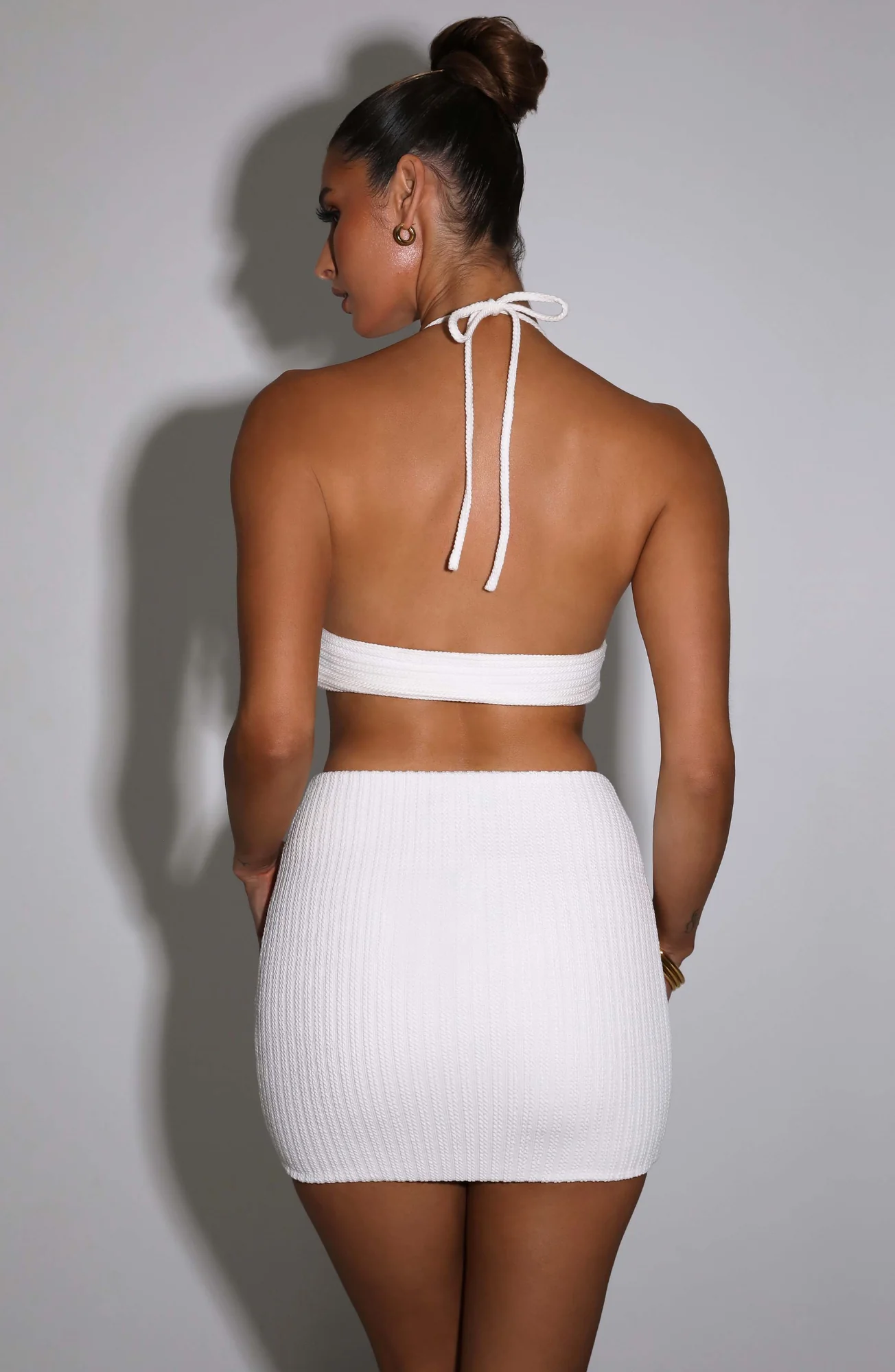 White Cable Knit Mini Skirt - Ruched Waist with Bead Detail
