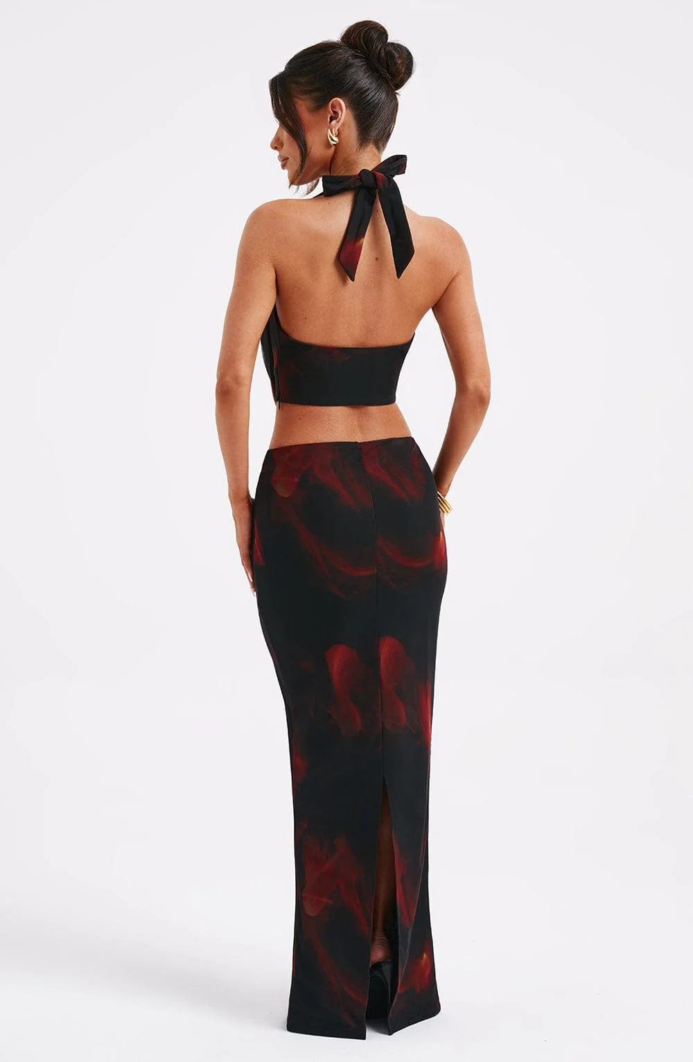 Fire Print Maxi Skirt - Body Hugging Fit, Premium Stretch Mesh