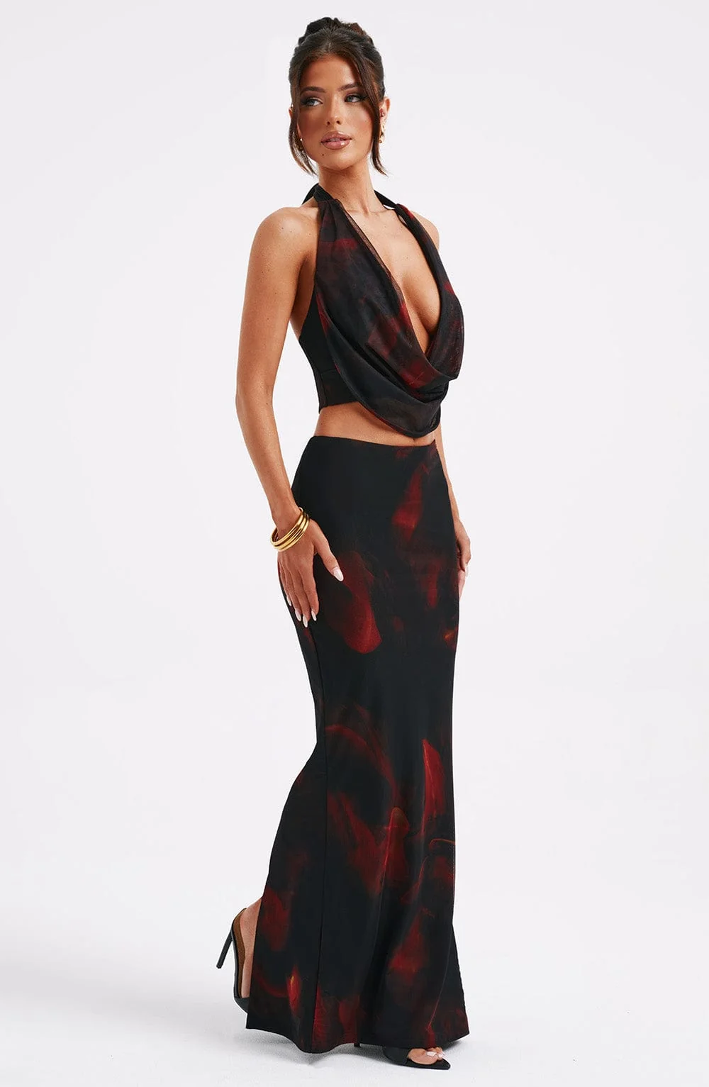 Fire Print Maxi Skirt - Body Hugging Fit, Premium Stretch Mesh