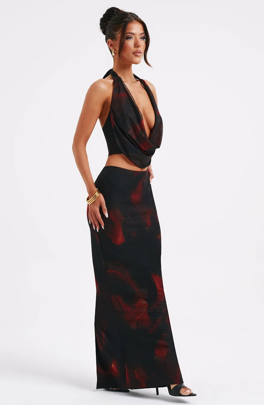Fire Print Maxi Skirt - Body Hugging Fit, Premium Stretch Mesh