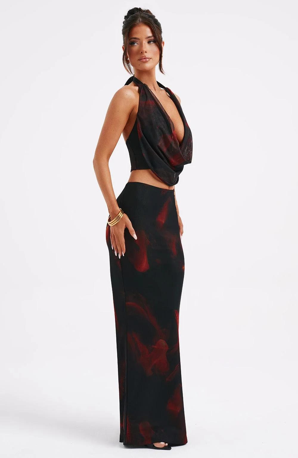 Fire Print Maxi Skirt - Body Hugging Fit, Premium Stretch Mesh