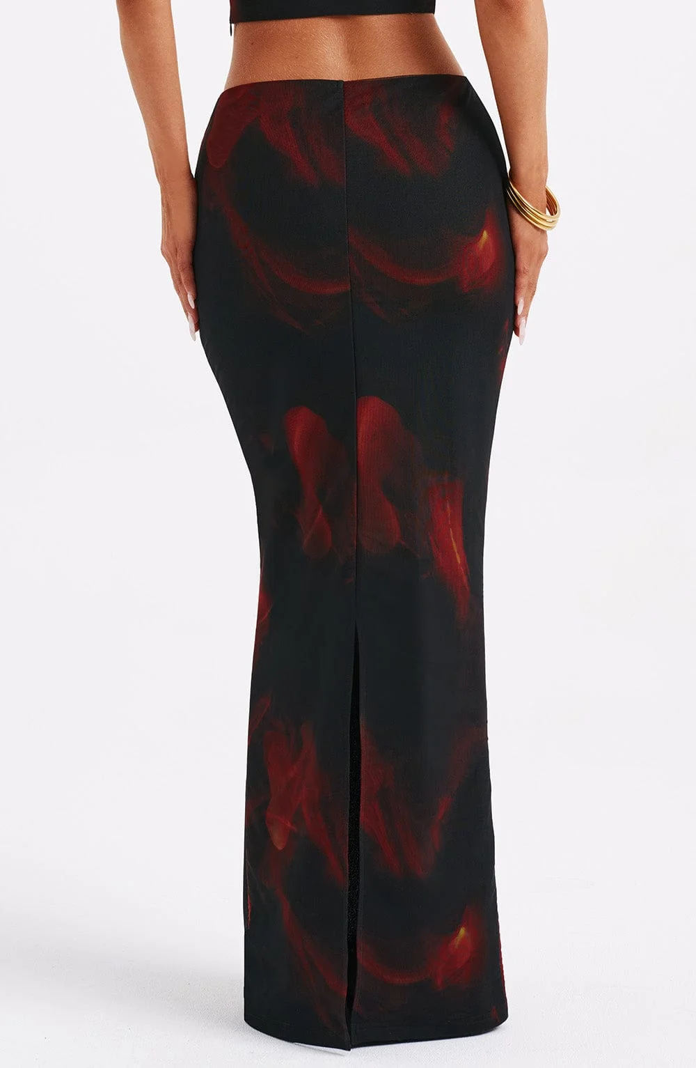Fire Print Maxi Skirt - Body Hugging Fit, Premium Stretch Mesh