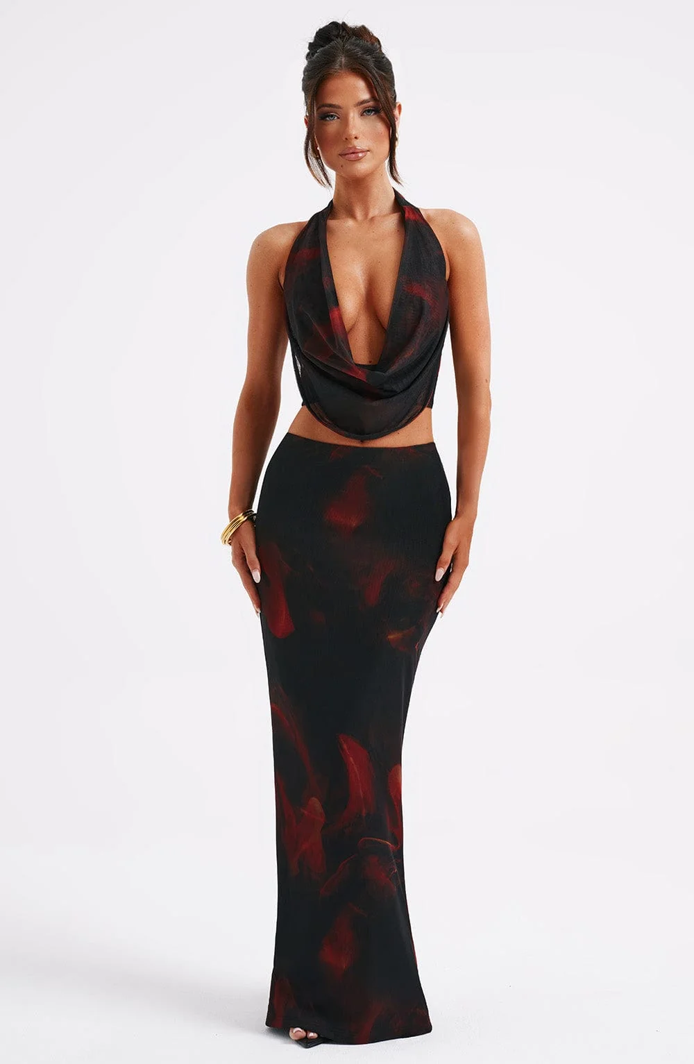 Fire Print Maxi Skirt - Body Hugging Fit, Premium Stretch Mesh