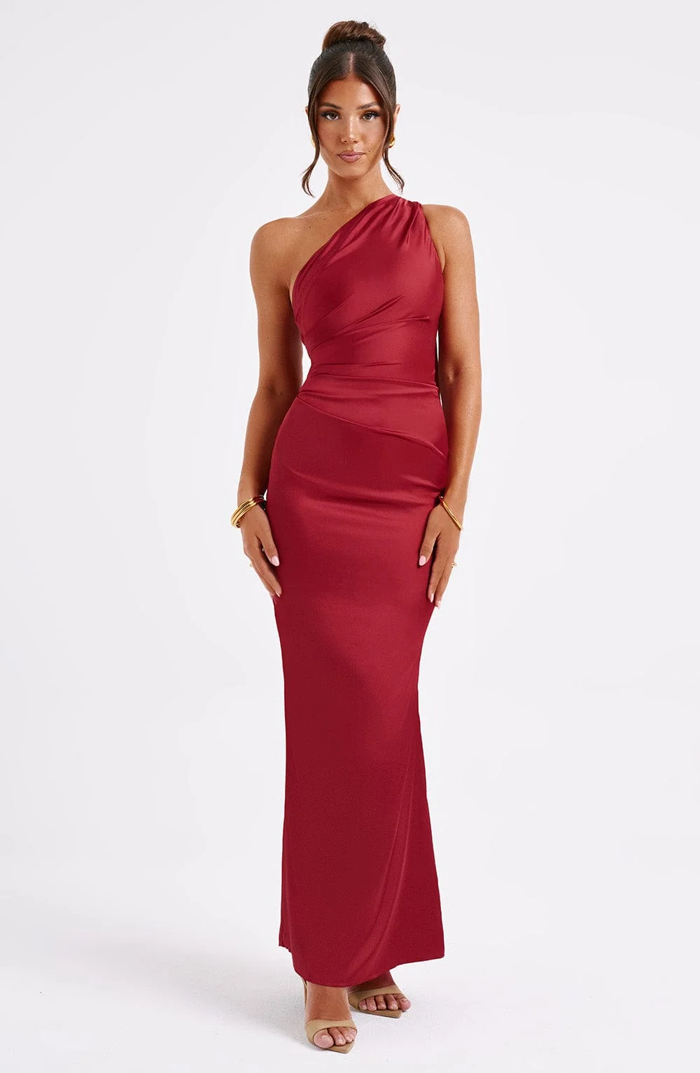 Wine One Shoulder Maxi Dress - Premium Bias Cut Stretch Satin