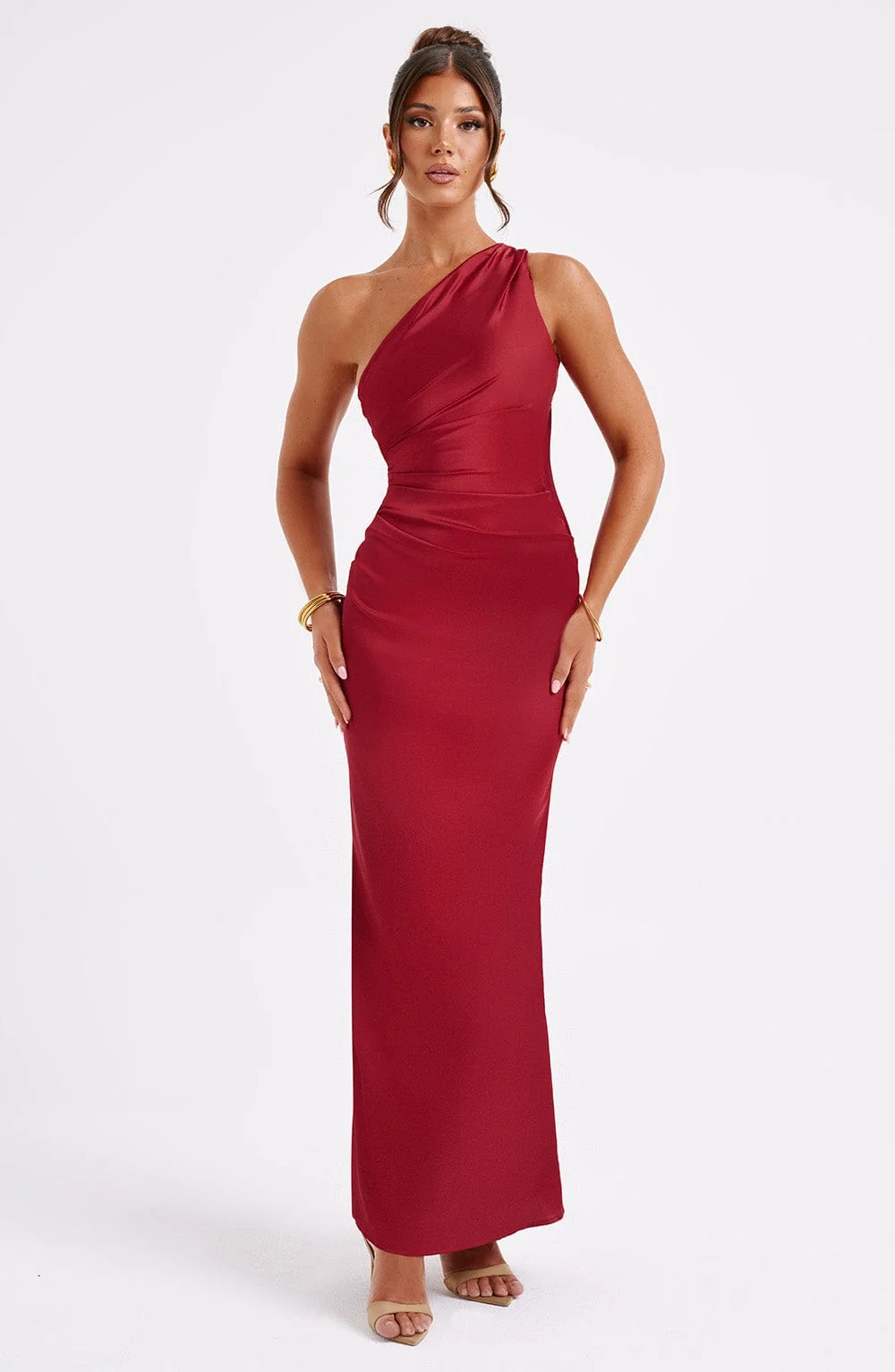 Wine One Shoulder Maxi Dress - Premium Bias Cut Stretch Satin