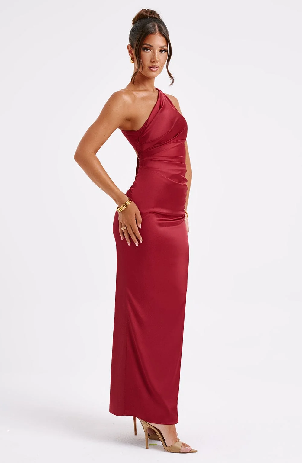 Wine One Shoulder Maxi Dress - Premium Bias Cut Stretch Satin