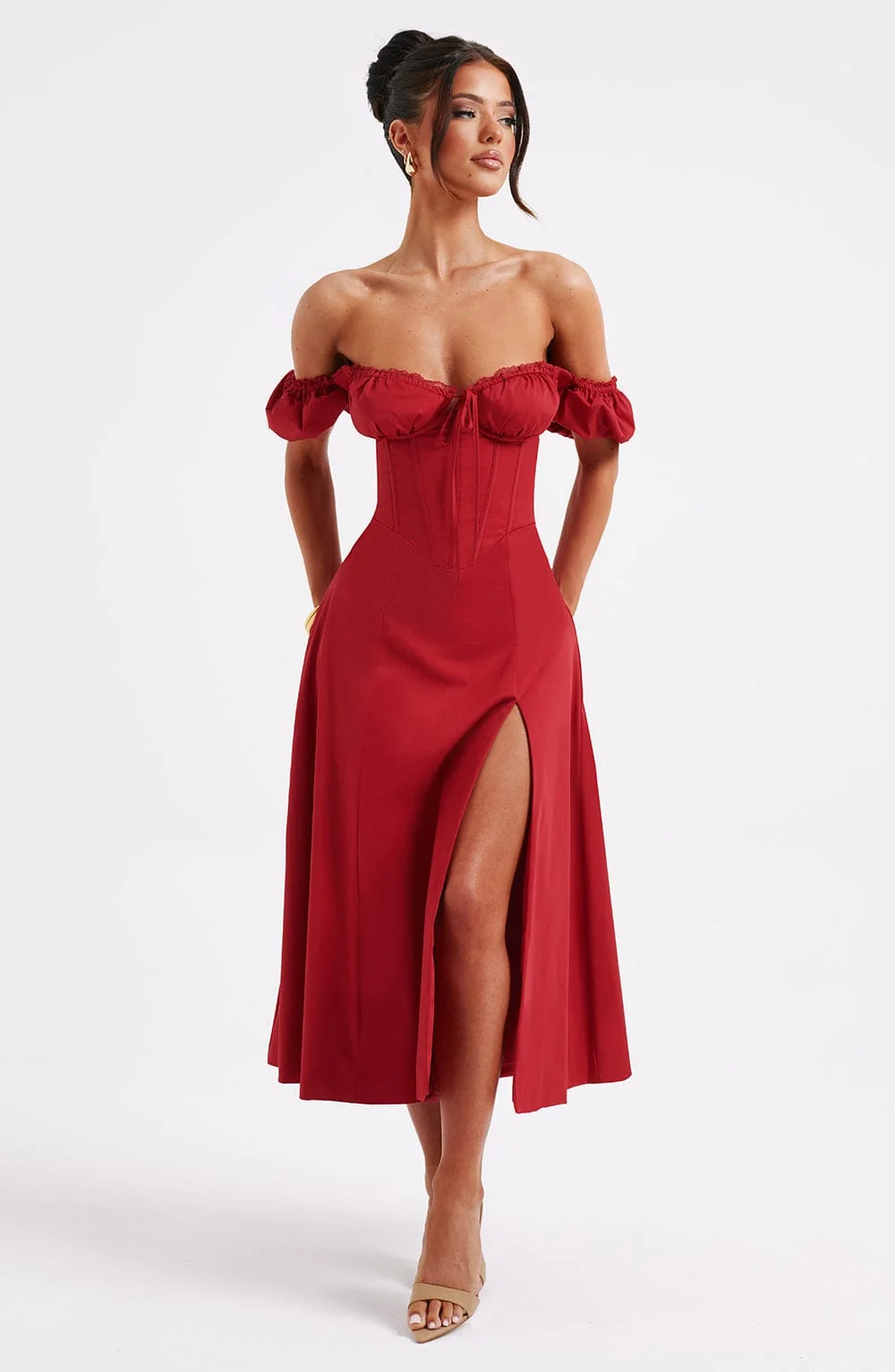Red Cotton Puffed Sleeve Midi Dress with Thigh High Split